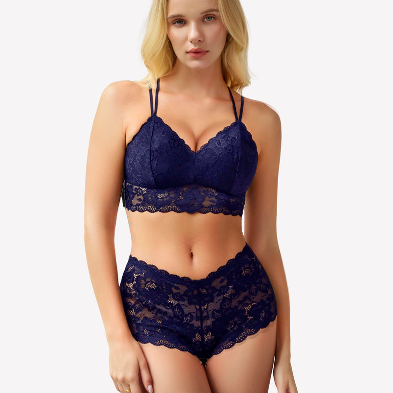 Navy blue floral lace bra and panty set. Sexy lingerie for women. Comfortable and stylish design.