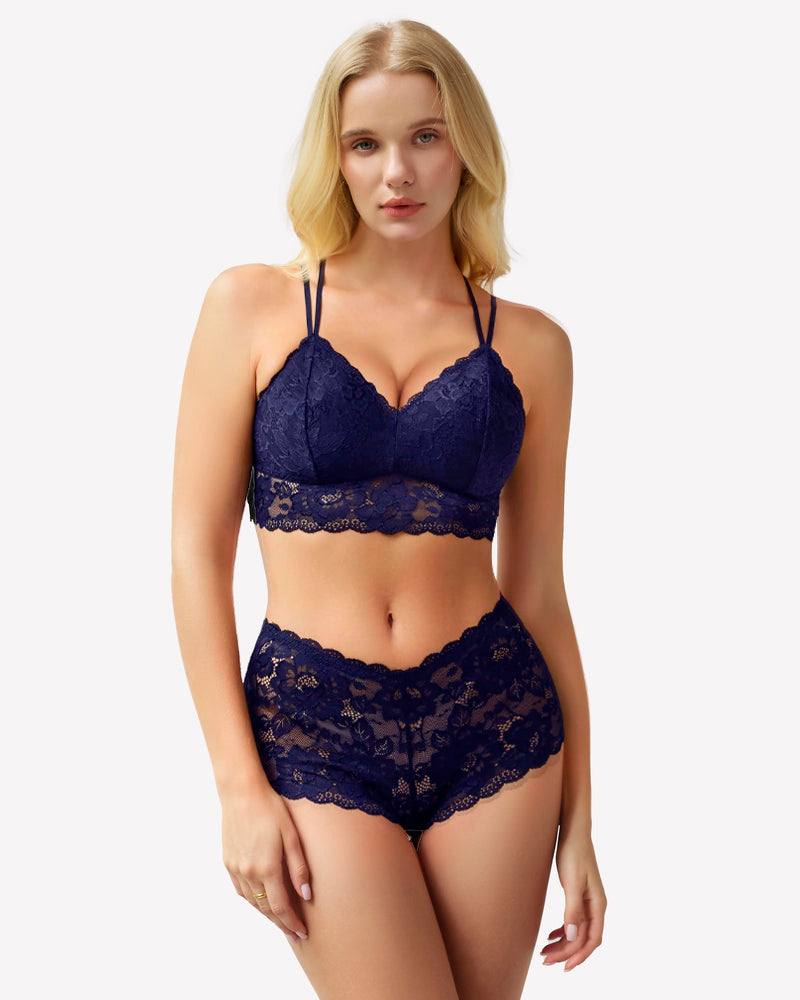 Navy blue floral lace bra and panty set. Sexy lingerie for women. Comfortable and stylish design.