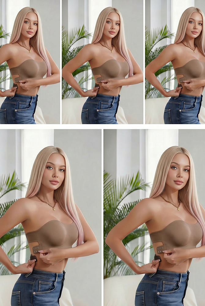 Coffee strapless seamless bandeau bra with crisscross front, smooth molded cups