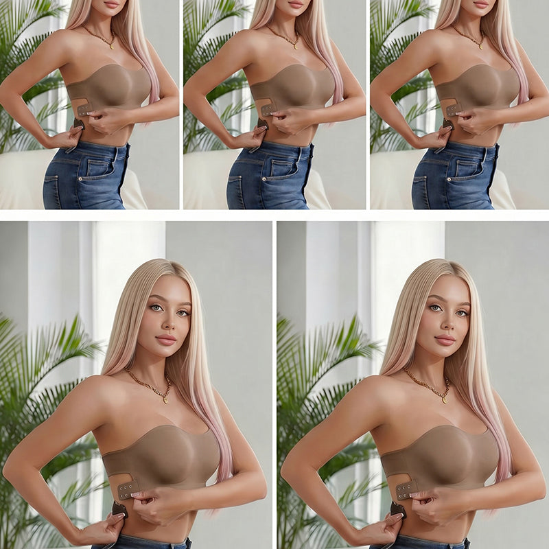 Coffee strapless seamless bandeau bra with crisscross front, smooth molded cups