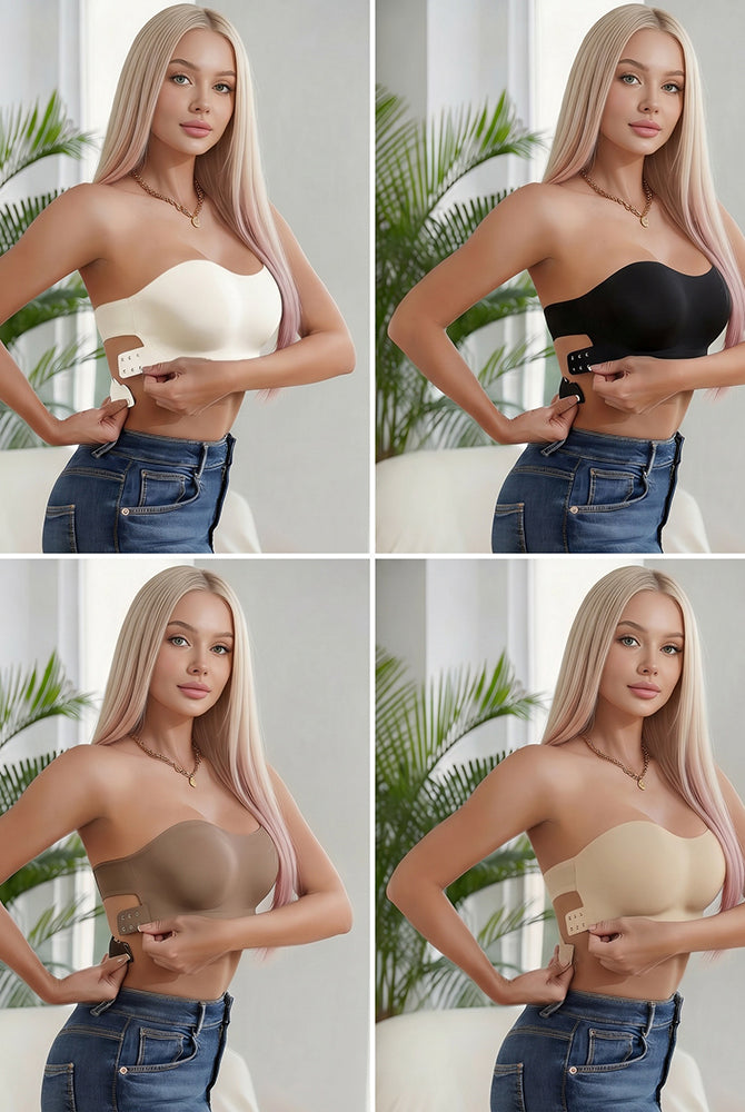 Set of strapless seamless bandeau bras in white and black, crisscross front