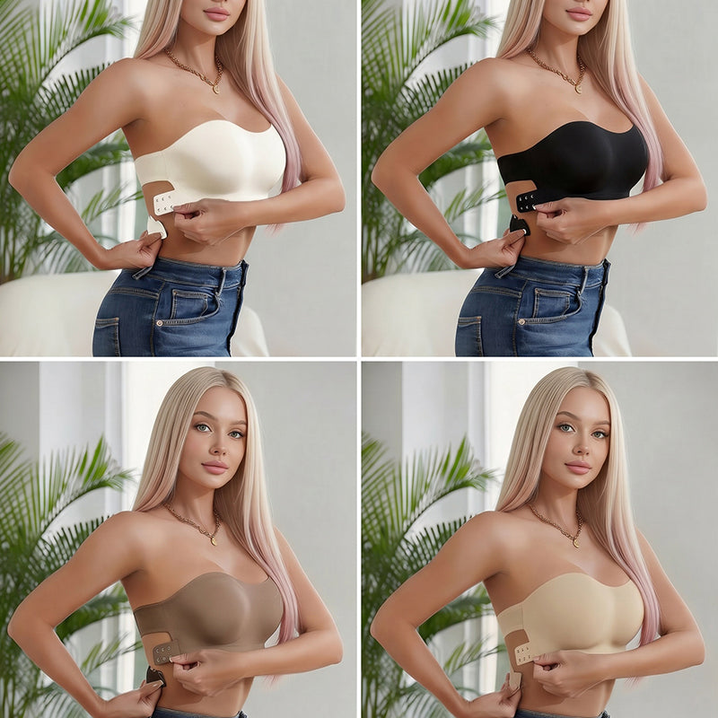 Set of strapless seamless bandeau bras in white and black, crisscross front