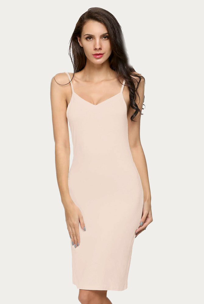 Beige Avidlove slip dress with spaghetti straps and V-neck. Comfortable, above knee length lingerie.