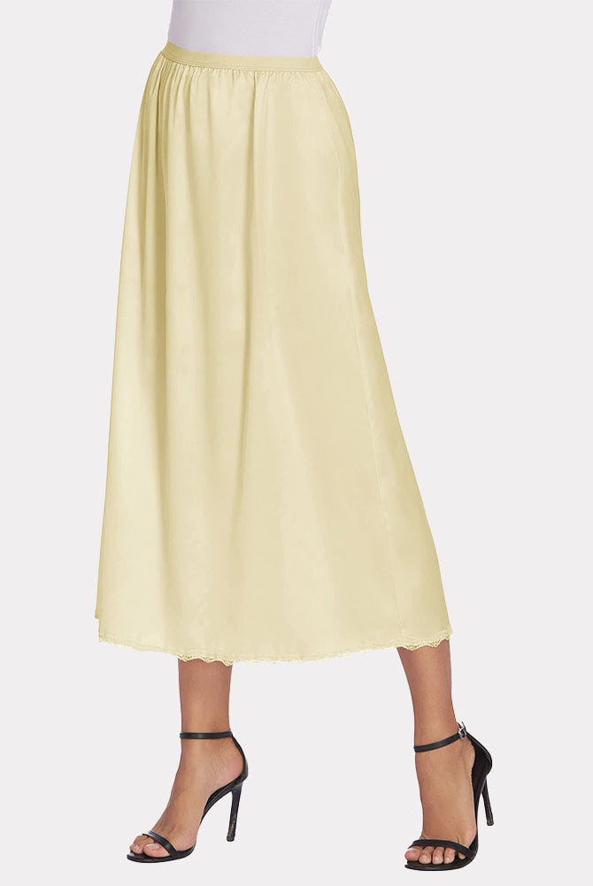 Pastel yellow satin half slip underskirt with lace trim, elegant and comfortable