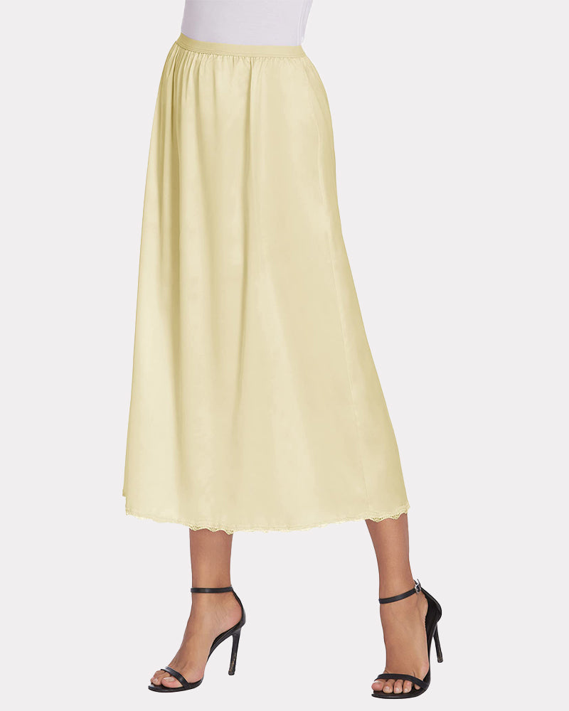 Pastel yellow satin half slip underskirt with lace trim, elegant and comfortable