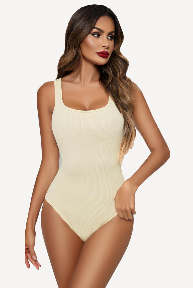 Cream ribbed square-neck sleeveless bodysuit with fitted high-cut legs