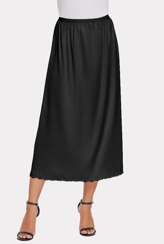 Black satin long underskirt with lace trim, perfect for layering or wearing as a slip skirt.