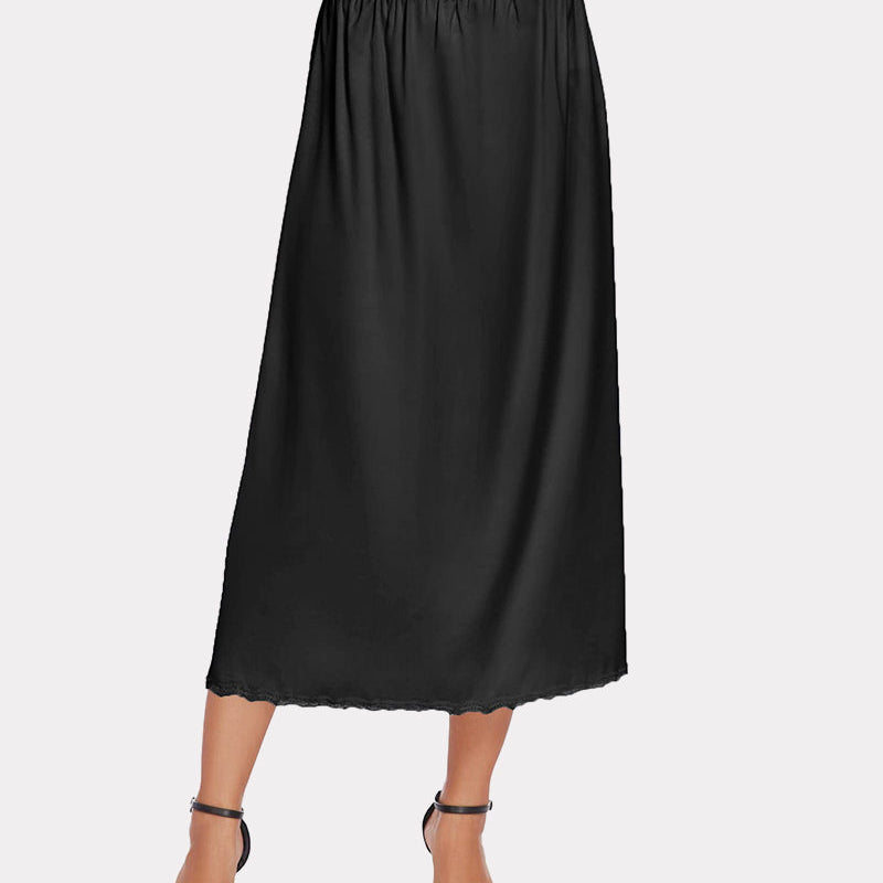 Black satin long underskirt with lace trim, perfect for layering or wearing as a slip skirt.