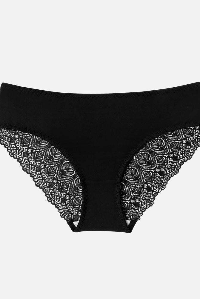 Black lace hipster panties with a no-show, v-waist design, featuring delicate lace details.