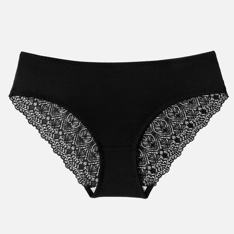 Black lace hipster panties with a no-show, v-waist design, featuring delicate lace details.