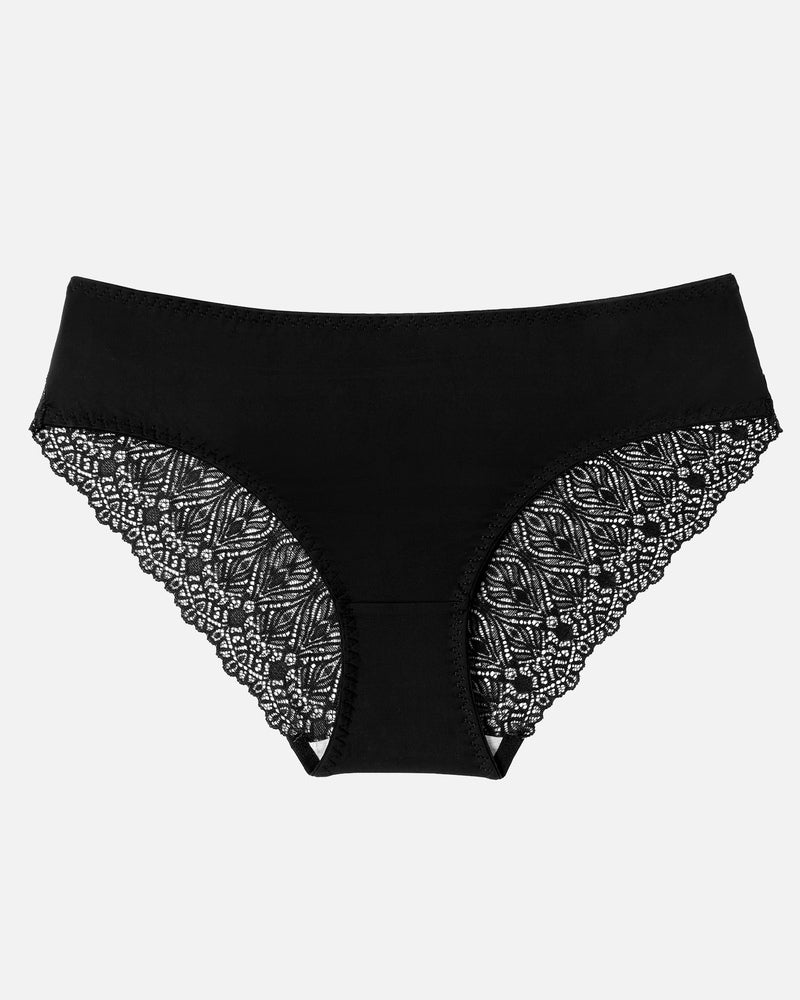 Black lace hipster panties with a no-show, v-waist design, featuring delicate lace details.