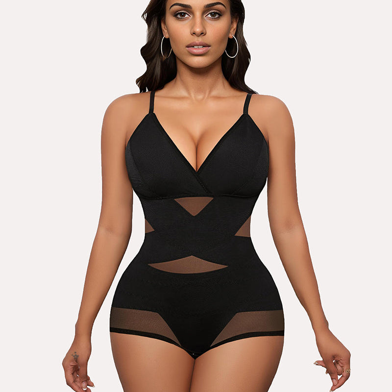 Black tummy control bodysuit shapewear with built-in bra, X-cross design, and snap crotch