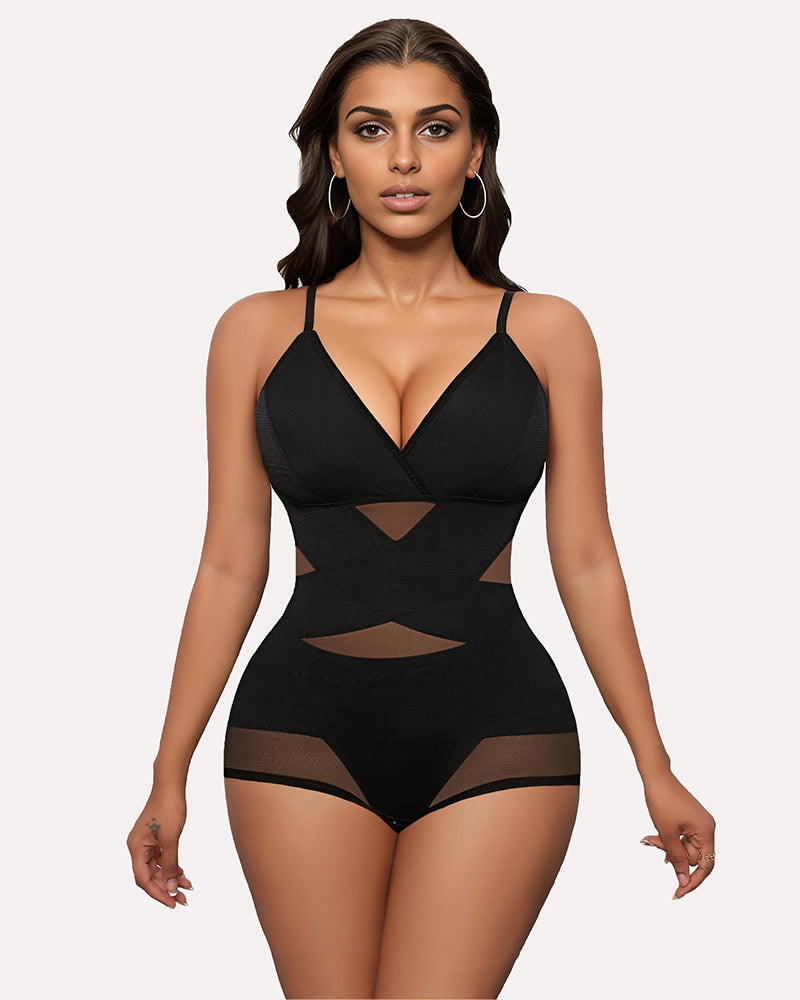 Black tummy control bodysuit shapewear with built-in bra, X-cross design, and snap crotch