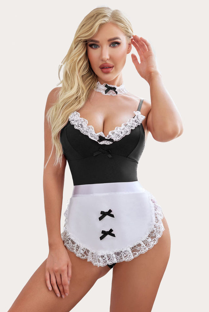 Maid costume lingerie set: black teddy, lace apron, and choker with bow accents for a sexy look.