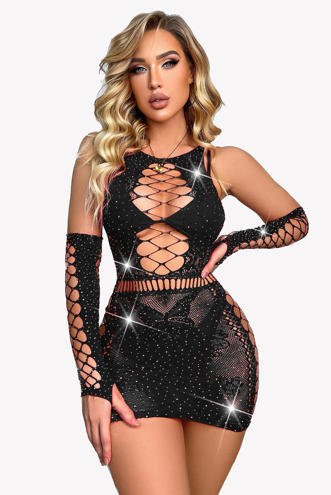 Sparkle rhinestone fishnet chemise with gloves, black lingerie for confident women.