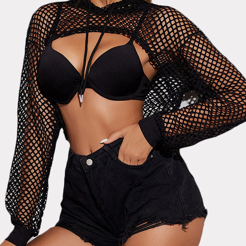 Black mesh hoodie crop top with black bra and denim shorts. Sexy lingerie from Avidlove.