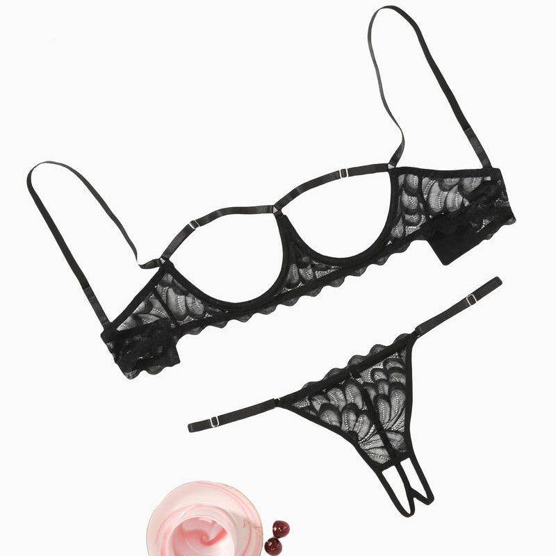 Black lace lingerie set: Bra and thong with adjustable straps, underwire, and unique open design