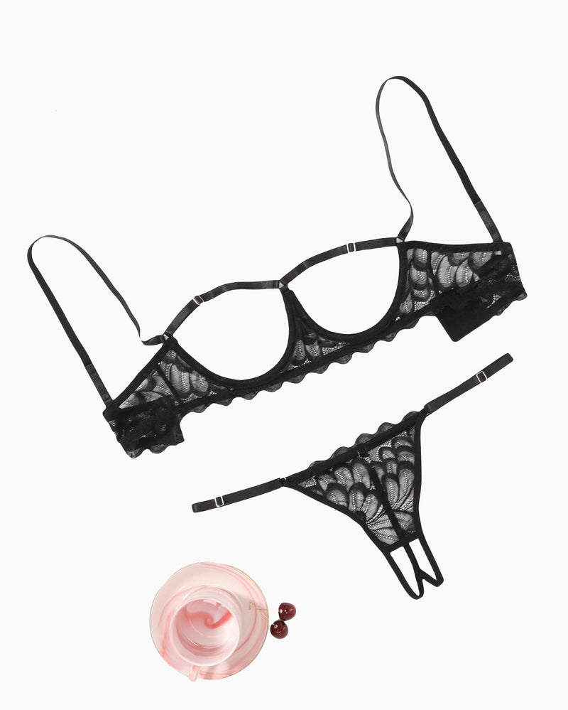 Black lace lingerie set: Bra and thong with adjustable straps, underwire, and unique open design