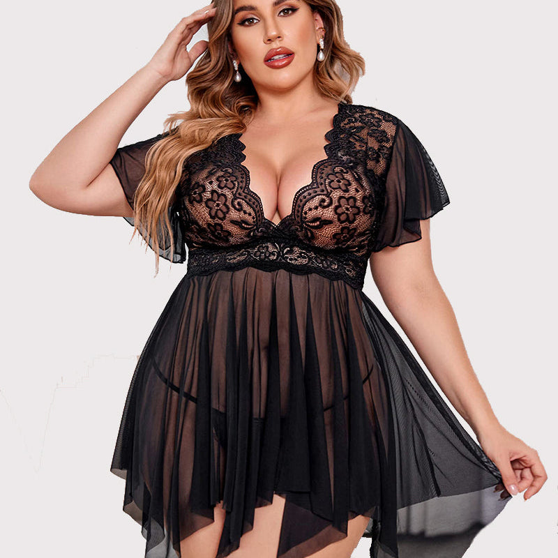 Plus Size Babydoll Floral Lace Lingerie in Black, Deep V-Neck, Asymmetrical Hem