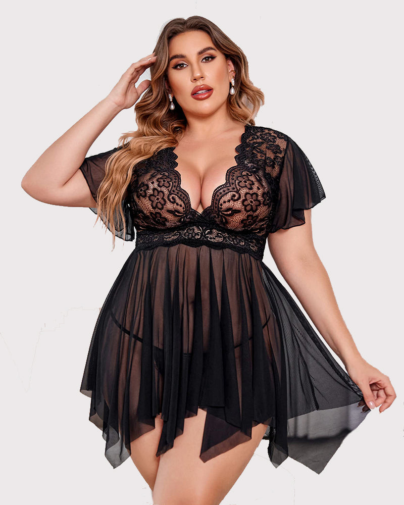 Plus Size Babydoll Floral Lace Lingerie in Black, Deep V-Neck, Asymmetrical Hem