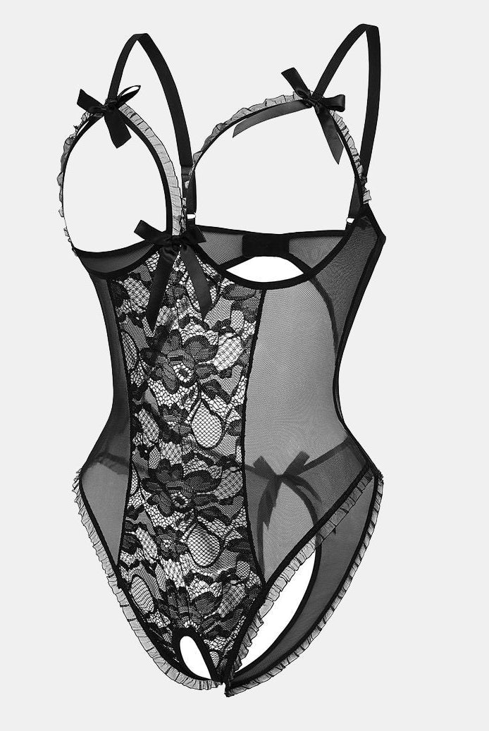 Black lace cut-out bodysuit, open back, adjustable straps, and delicate bow accents