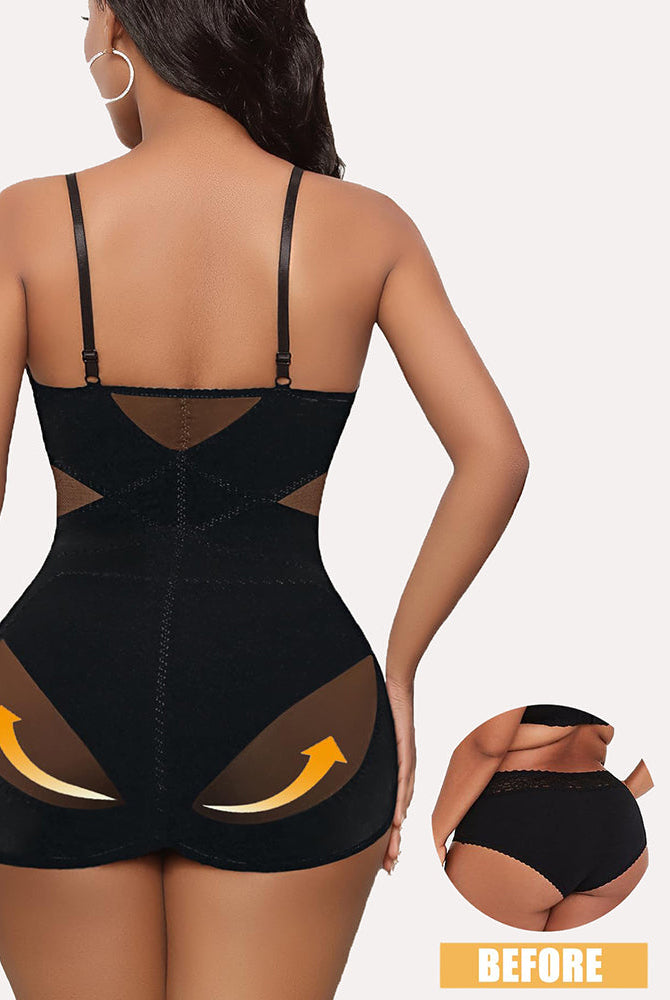 Black tummy control bodysuit shapewear with X-cross back, built-in bra, for tummy control daily wear