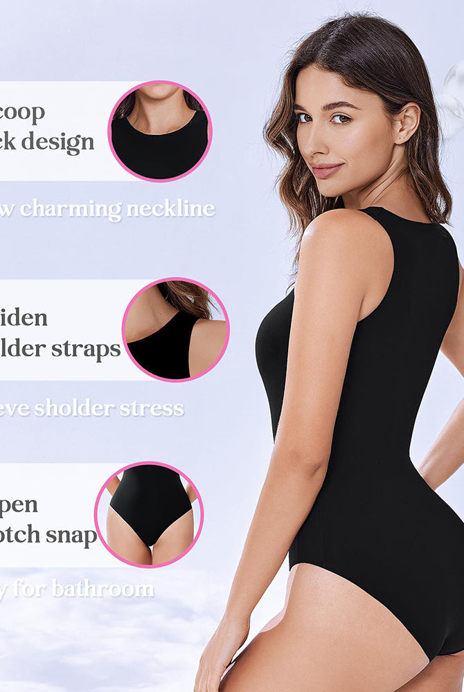 Black Avidlove double-lined tank bodysuit shapewear. Comfortable, breathable, and slimming design.