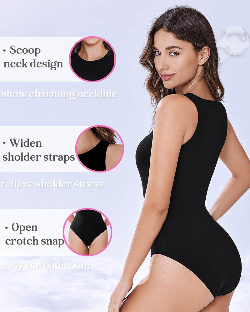 Avidlove black bodysuit shapewear: scoop neck, wide straps, and open crotch design for comfort.