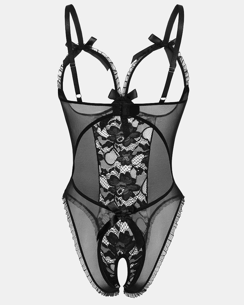 Black lace cut-out cup bodysuit with bow straps, sheer lace center, thong back