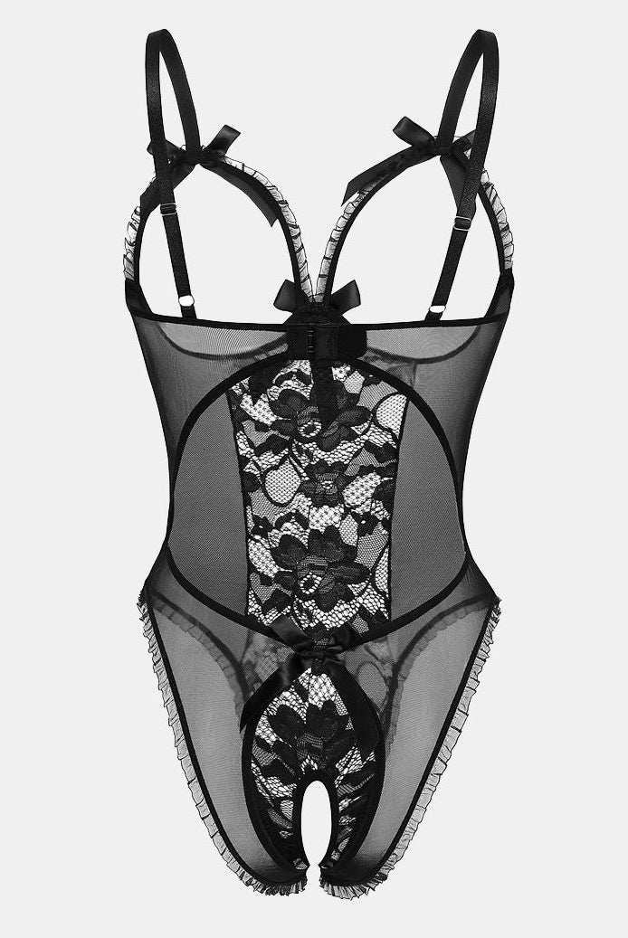 Black lace cut-out bodysuit with adjustable straps, open back, and lace details