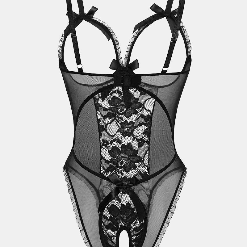 Black lace cut-out bodysuit with adjustable straps, open back, and lace details