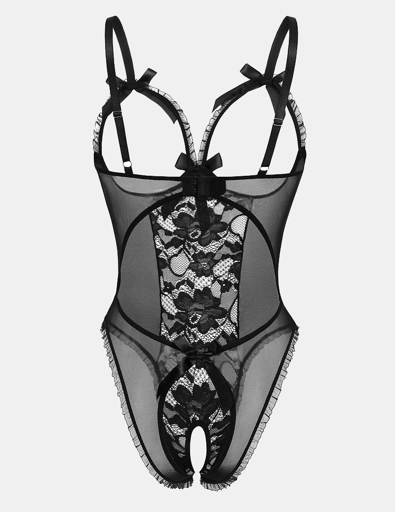 Black lace cut-out bodysuit with adjustable straps, open back, and lace details