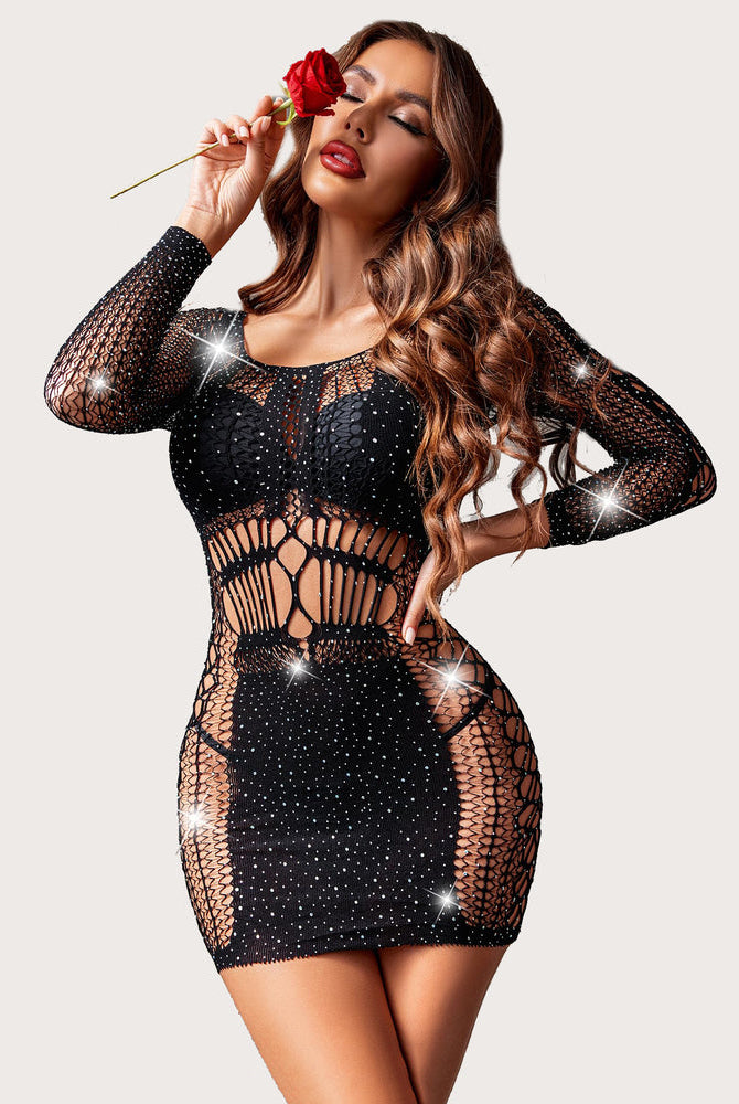 Black fishnet rhinestone mini dress with long sleeves and corset-style cutouts