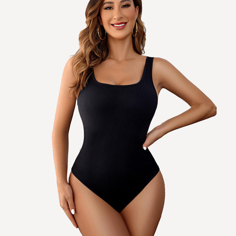 Black ribbed square-neck sleeveless bodysuit with high-cut legs