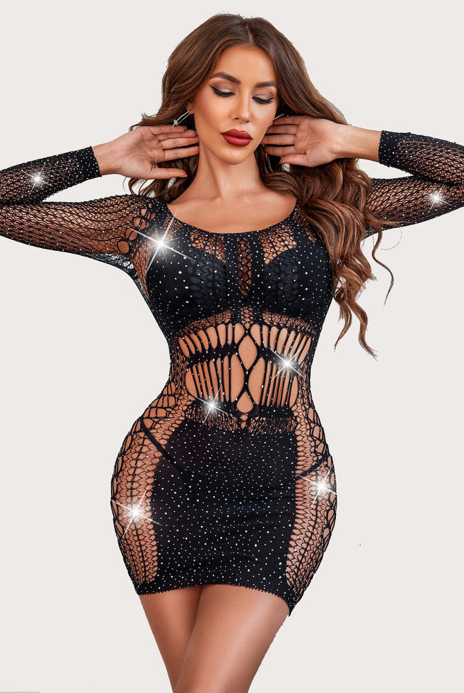 Black fishnet rhinestone mini dress with long sleeves and scalloped lattice bodice