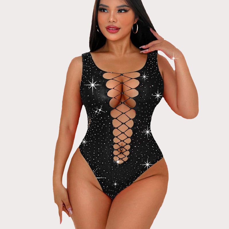 Mesh fishnet rhinestone bodysuit. Black lingerie with lace-up front, sparkly rhinestones for women