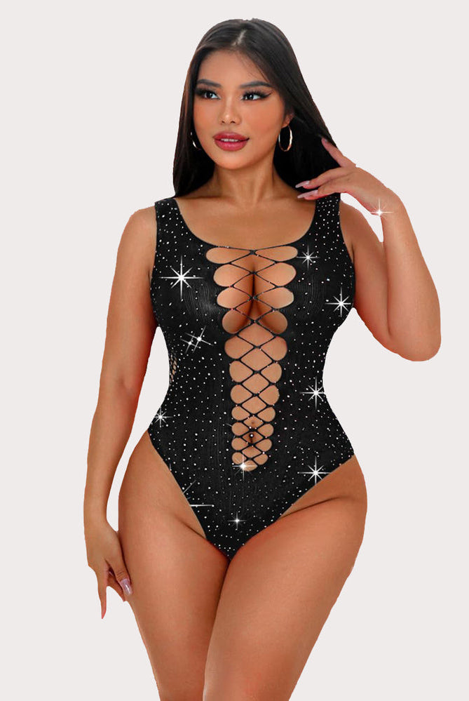 Mesh fishnet rhinestone bodysuit. Black lingerie with lace-up front, sparkly rhinestones for women