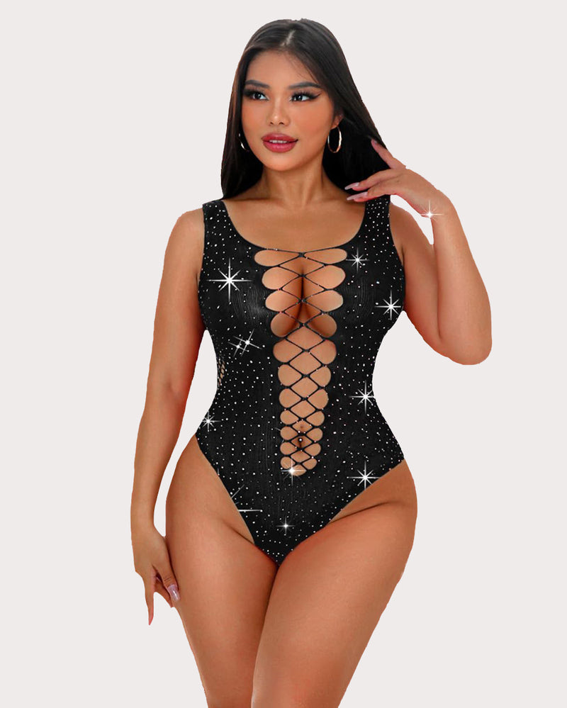 Mesh fishnet rhinestone bodysuit. Black lingerie with lace-up front, sparkly rhinestones for women