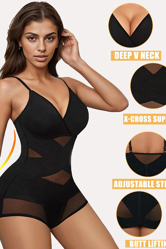 Tummy control black bodysuit shapewear with X-cross support, deep V-neck, and adjustable straps.