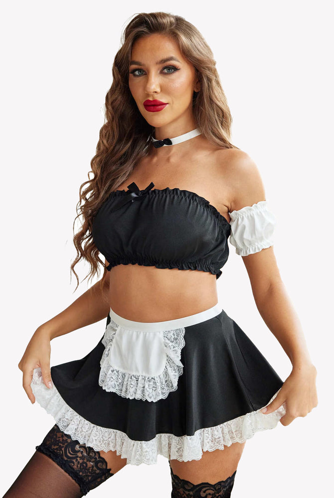 Contrast Lace Maid Set: Black crop top, mini skirt with white lace, sexy lingerie.