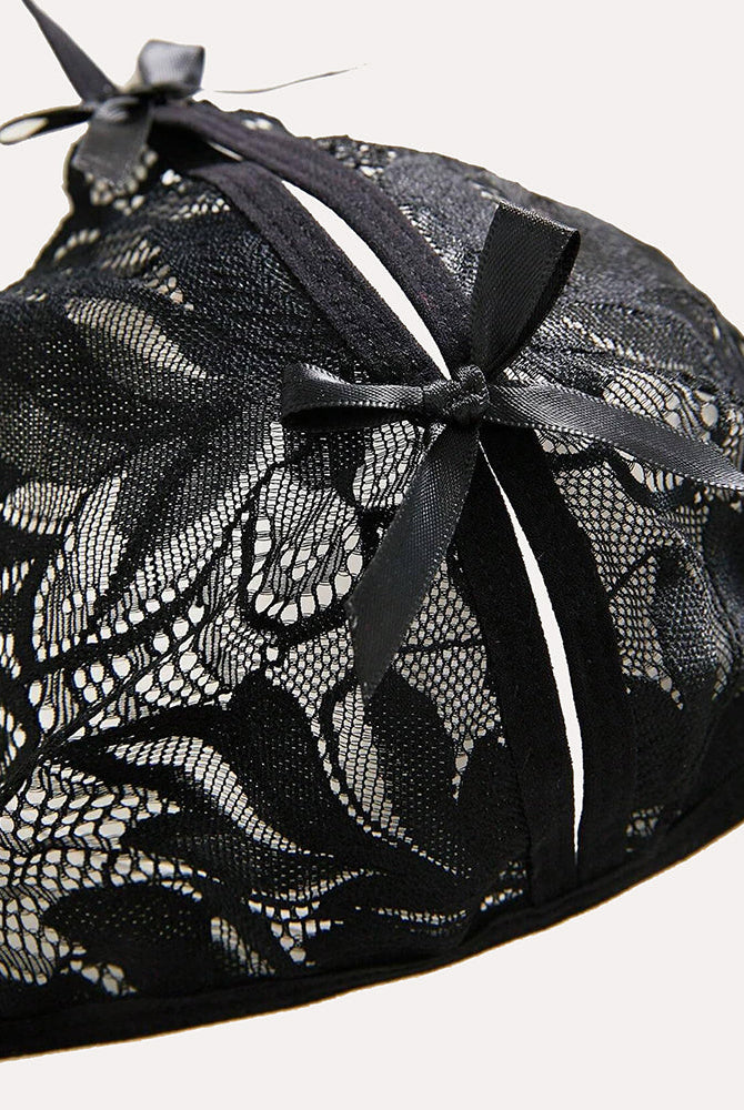 Black lace Avidlove halter bra. Floral lace, halter tie design. Sexy lingerie.