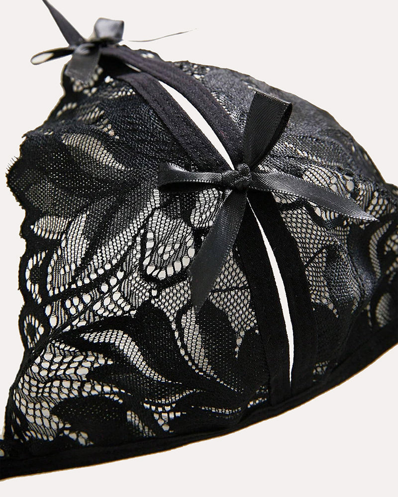 Black lace Avidlove halter bra. Floral lace, halter tie design. Sexy lingerie.