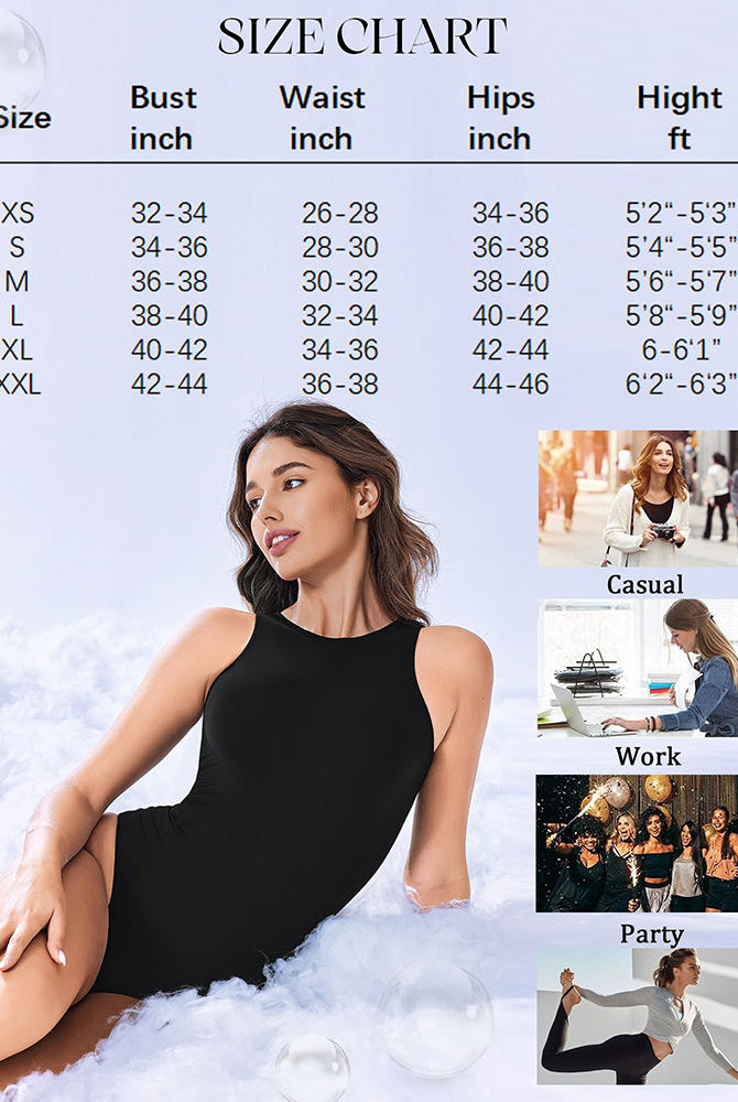 Black bodysuit shapewear with size chart, comfortable and perfect for everyday wear, double-lined.