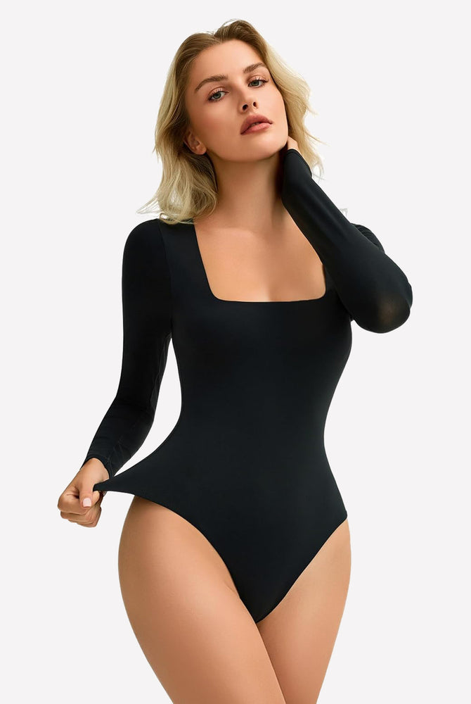 Black square neck long sleeve bodysuit, stretchy and form-fitting, accentuates bodyline, soft and comfortable.