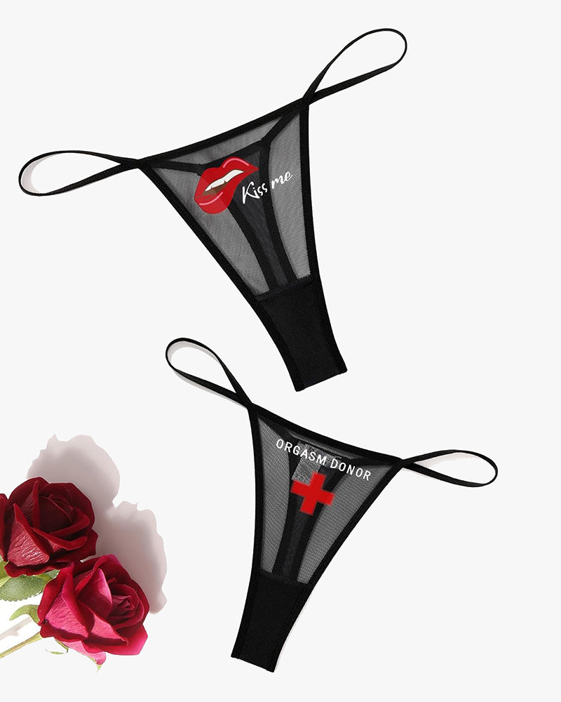 Black low-rise mesh thong panties with "Kiss me" and "ORGASM DONOR" prints, sexy lingerie