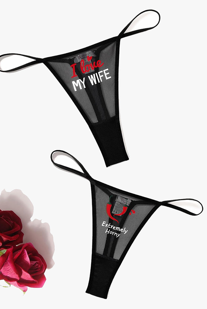 Black mesh thong panties with phrases, low-rise sexy lingerie
