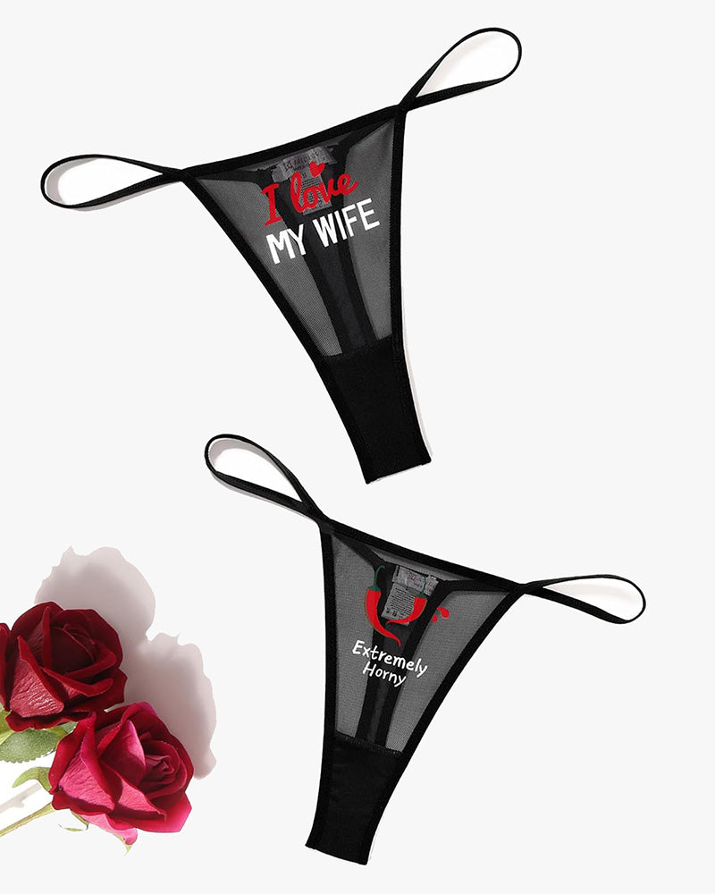 Black mesh thong panties with phrases, low-rise sexy lingerie
