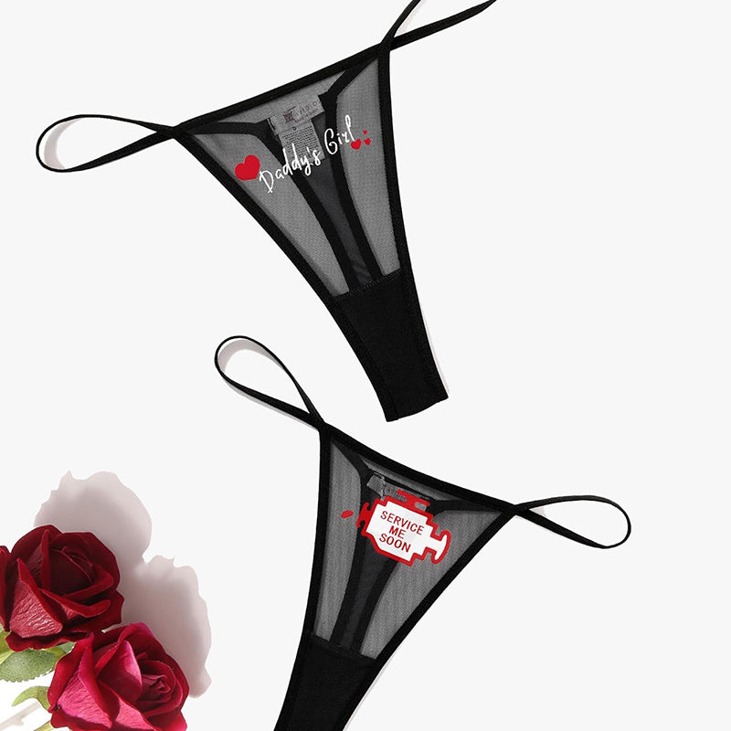 Black low-rise mesh thong panties with printed phrases; sexy lingerie; V-back panties