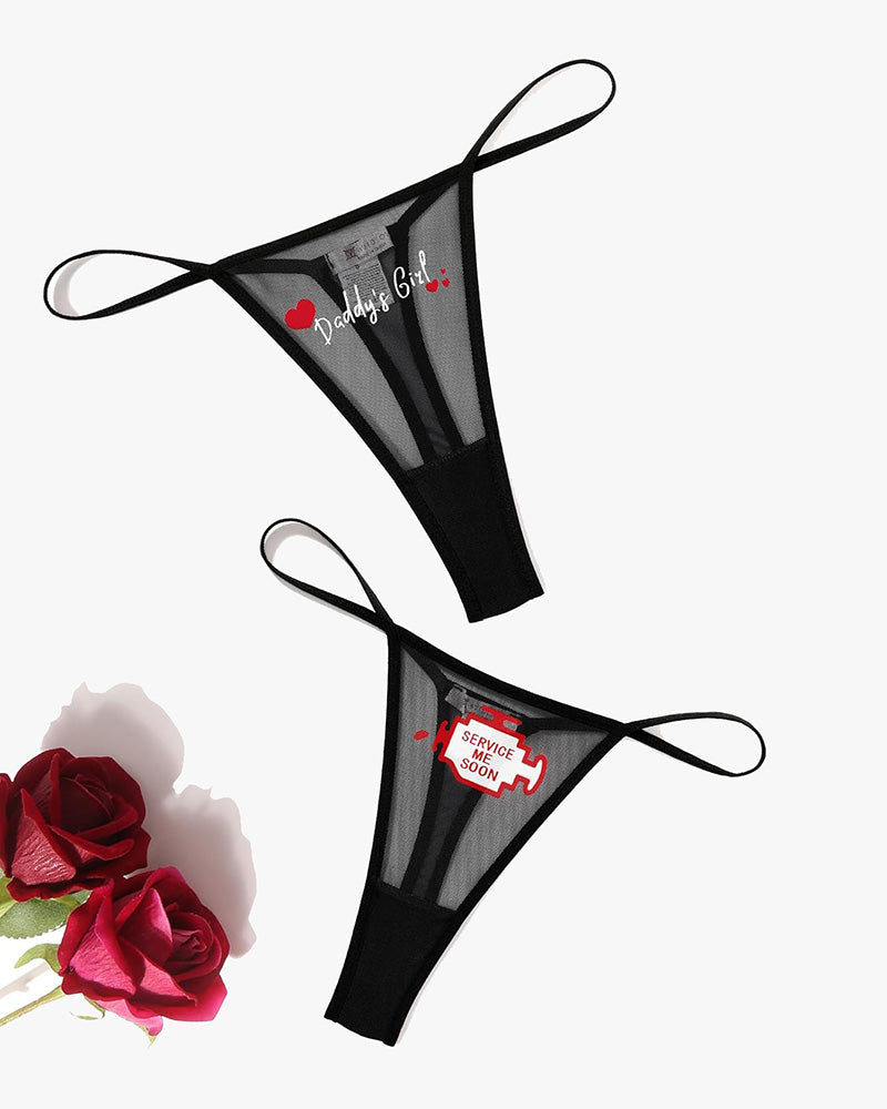 Black low-rise mesh thong panties with printed phrases; sexy lingerie; V-back panties