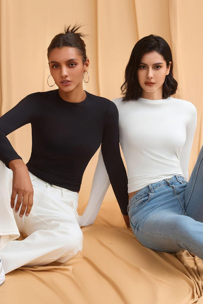 Double Lined Y2K Top: Black & White long sleeve tops, lightweight and breathable loungewear.